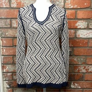 Tory Burch Navy and Cream Chevron V-Neck Knit Sweater